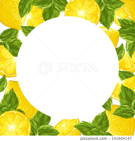Lemon with mint leaves on a white background. Circle frame with an empty text place. Banner, poster, wrapping paper, sticker, print, modern textile design. Vector hand drawn illustration. Lemon with mint leaves on a white background. Circle frame with an empty text place. Banner, poster, wrapping paper, sticker, print, modern textile design. Vector hand drawn illustration. 142604147
