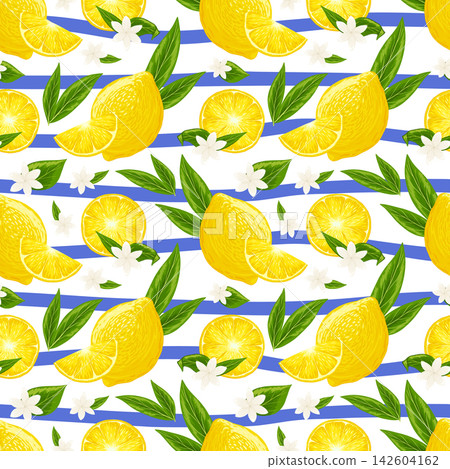 Trendy seamless pattern with lemons, leaves and blue stripes. Citrus fruit repeated background. Vector bright print for fabric, wallpaper, wrapping. Retro 60s, 70s vector hand drawn illustration Trendy seamless pattern with lemons, leaves and blue stripes. Citrus fruit repeated background. Vector bright print for fabric, wallpaper, wrapping. Retro 60s, 70s vector hand drawn illustration 142604162
