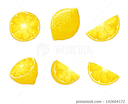 Lemons vector cartoon illustration set. Realistic tropical fruit. Yellow citrus. Whole, slice and cut lemon. Organic fruits for lemonade juice, healthy food. Vector hand drawn illustration Lemons vector cartoon illustration set. Realistic tropical fruit. Yellow citrus. Whole, slice and cut lemon. Organic fruits for lemonade juice, healthy food. Vector hand drawn illustration 142604172
