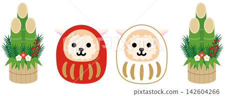 A simple and cute red and white sheep daruma doll and kadomatsu (New Year's decoration) set. A simple and cute red and white sheep daruma doll and kadomatsu (New Year's decoration) set. 142604266
