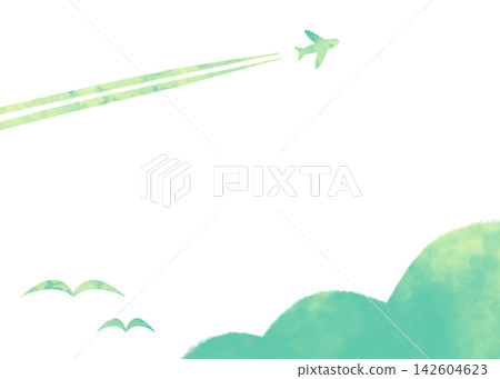 水彩風格的邊框，圖案為飛機、鳥和雲（綠色） 142604623