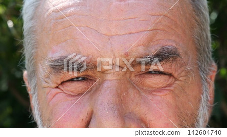 Blue eyes of elderly male blinking and looking into camera outdoor. Wrinkled face of senior human with a sad sight. Upset facial expression of pensioner. Close up Blue eyes of elderly male blinking and looking into camera outdoor. Wrinkled face of senior human with a sad sight. Upset facial expression of pensioner. Close up 142604740