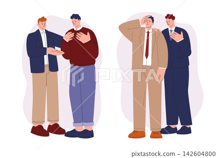 Men support colleague. Frustrated employee, tired and burned out. Sad businessman, fired manager, job or business loss. Cartoon flat vector characters in suits Men support colleague. Frustrated employee, tired and burned out. Sad businessman, fired manager, job or business loss. Cartoon flat vector characters in suits 142604800