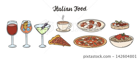 Mediterranean italian style cuisine. Italy popular food and beverages, wine and cocktails, cappuccino, pasta and pizza, caprese salad. Restaurant, cafe dishes vector set Mediterranean italian style cuisine. Italy popular food and beverages, wine and cocktails, cappuccino, pasta and pizza, caprese salad. Restaurant, cafe dishes vector set 142604801