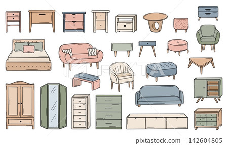 Furniture collection. Different wardrobe, bed and sofa, armchair, chair, table. Home, apartments interior elements. House design vector clipart 142604805