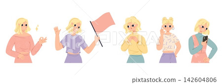 Funny blonde girl different poses. Young adult female character with flag, smartphone, show sign ok and waves his hand in greeting. Cartoon cute woman vector set Funny blonde girl different poses. Young adult female character with flag, smartphone, show sign ok and waves his hand in greeting. Cartoon cute woman vector set 142604806