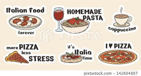 Food stickers design. Italian cuisine colorful sticker. Pasta, pizza, wine and cappuccino cup. Tasty mediterranean meals, fresh ingredients, vector templates Food stickers design. Italian cuisine colorful sticker. Pasta, pizza, wine and cappuccino cup. Tasty mediterranean meals, fresh ingredients, vector templates 142604807