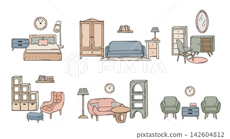 Different simple interiors. Interior compositions of bedroom, living room, rest zone, waiting room in office, lobby. Sofa, tables, coach, armchair, vector set Different simple interiors. Interior compositions of bedroom, living room, rest zone, waiting room in office, lobby. Sofa, tables, coach, armchair, vector set 142604812