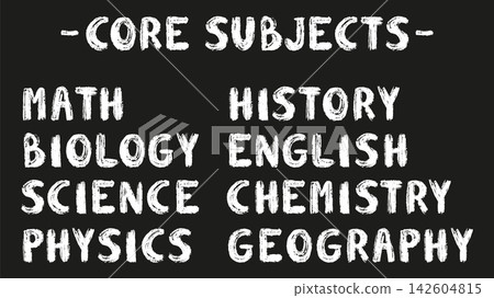Core school subjects. Grunge text title of lessons. Chalk, ink brush, pencil or crayon written style. Math, english, history. Diary, notebook vector elements set Core school subjects. Grunge text title of lessons. Chalk, ink brush, pencil or crayon written style. Math, english, history. Diary, notebook vector elements set 142604815