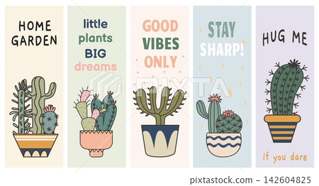 Bookmarks design with different cactus and motivational inscriptions. Different succulents in decorative pots. Blooming plants with flowers, vector templates Bookmarks design with different cactus and motivational inscriptions. Different succulents in decorative pots. Blooming plants with flowers, vector templates 142604825