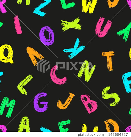 Alphabet letters seamless pattern. Stylish grunge letter backdrop. School, library, reading and writing. Neon bright abc elements print, vector background Alphabet letters seamless pattern. Stylish grunge letter backdrop. School, library, reading and writing. Neon bright abc elements print, vector background 142604827