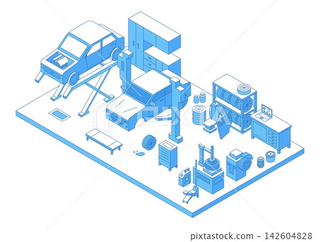 Isometric car repair scene. Tires and oil change, professional maintenance for cars in garage with different equipment, nifty vector scene Isometric car repair scene. Tires and oil change, professional maintenance for cars in garage with different equipment, nifty vector scene 142604828