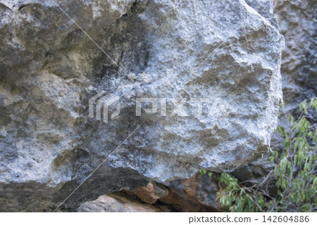 Weathered grey limestone boulder surface with lichen in close up Weathered grey limestone boulder surface with lichen in close up 142604886
