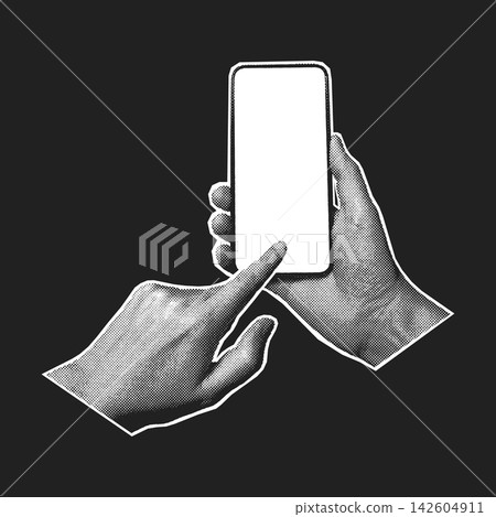 Two hands hold a smartphone with a blank screen while tapping it, halftone pop art vector illustration. Two hands hold a smartphone with a blank screen while tapping it, halftone pop art vector illustration. 142604911