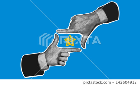 Two hands form a finger frame around a doodle star, halftone pop art vector illustration. Two hands form a finger frame around a doodle star, halftone pop art vector illustration. 142604912