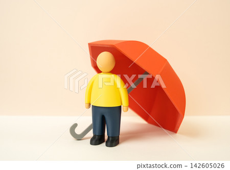 Person under a red umbrella, insurance concept. Protection against financial loss, personal security and risk management. Life coverage, property protection and support during unexpected events 142605026