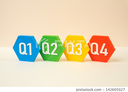 Business quarters, Q1 to Q4, business periods concept. Annual reporting, financial planning and company performance. Seasonal revenue, accounting deadlines and comparison of business results Business quarters, Q1 to Q4, business periods concept. Annual reporting, financial planning and company performance. Seasonal revenue, accounting deadlines and comparison of business results 142605027