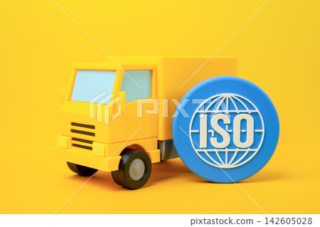Truck and ISO symbol. International transportation standards, freight certification and logistics compliance. Vehicle safety, cargo quality and regulatory requirements for commercial trucking Truck and ISO symbol. International transportation standards, freight certification and logistics compliance. Vehicle safety, cargo quality and regulatory requirements for commercial trucking 142605028