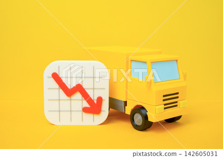 Truck and declining chart, decrease in transportation prices, falling carrier income. Freight market decline, reduced logistics revenue and lower delivery rates. Economic slowdown, competition Truck and declining chart, decrease in transportation prices, falling carrier income. Freight market decline, reduced logistics revenue and lower delivery rates. Economic slowdown, competition 142605031