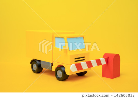 Truck and closed barrier gate, customs control and trade barriers concept, tariff wars, travel restrictions. Border delays, import regulations and restricted freight movement. International commerce Truck and closed barrier gate, customs control and trade barriers concept, tariff wars, travel restrictions. Border delays, import regulations and restricted freight movement. International commerce 142605032