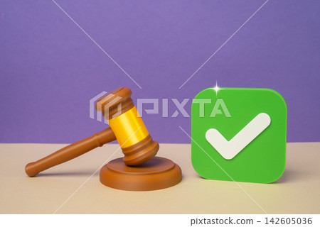 Judge's gavel and approval checkmark, positive court ruling outcome, lawsuit satisfaction. Successful legal decision, favorable judgment and justice achieved. Court approval, legal victory Judge's gavel and approval checkmark, positive court ruling outcome, lawsuit satisfaction. Successful legal decision, favorable judgment and justice achieved. Court approval, legal victory 142605036
