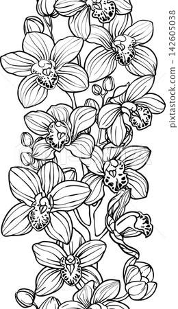 Vertical border vertical border seamless pattern of orchid flowers, r hand drawn sketch Vertical border vertical border seamless pattern of orchid flowers, r hand drawn sketch 142605038
