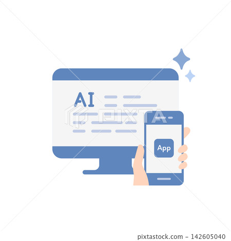 Vector illustration (flat design) demonstrating app development using AI code generation. Vector illustration (flat design) demonstrating app development using AI code generation. 142605040