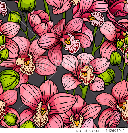 Pink orchids, seamless pattern. hand drawn illustration Pink orchids, seamless pattern. hand drawn illustration 142605041