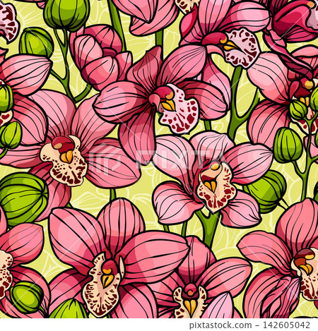 Pink orchids on yellow background, seamless vector pattern. hand drawn illustration. Exotic tropical flowers Pink orchids on yellow background, seamless vector pattern. hand drawn illustration. Exotic tropical flowers 142605042