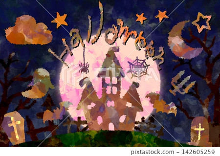 Hand-drawn horizontal illustration of Halloween Night Hand-drawn horizontal illustration of Halloween Night 142605259