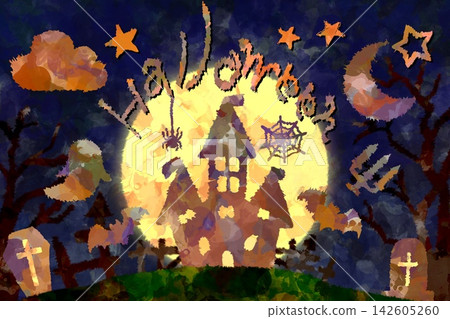 手繪橫向插圖，描繪了萬聖節之夜 142605260