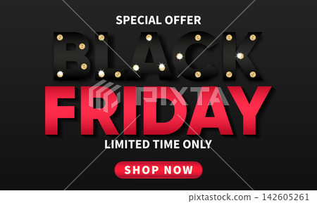 Sophisticated promotional Black Friday sale banner featuring sparkling diamond-studded typography, bold red lettering, and a shop now button set against a sleek dark background. Sophisticated promotional Black Friday sale banner featuring sparkling diamond-studded typography, bold red lettering, and a shop now button set against a sleek dark background. 142605261