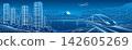 Futuristic high speed train traveling on elevated railway through a modern smart city with skyscrapers, mountains, wind turbines and airplane. Blue panoramic vector illustration of future transportati 142605269