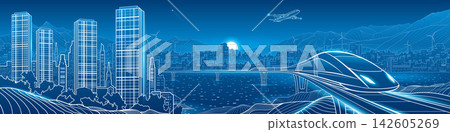 Futuristic high speed train traveling on elevated railway through a modern smart city with skyscrapers, mountains, wind turbines and airplane. Blue panoramic vector illustration of future transportati Futuristic high speed train traveling on elevated railway through a modern smart city with skyscrapers, mountains, wind turbines and airplane. Blue panoramic vector illustration of future transportati 142605269