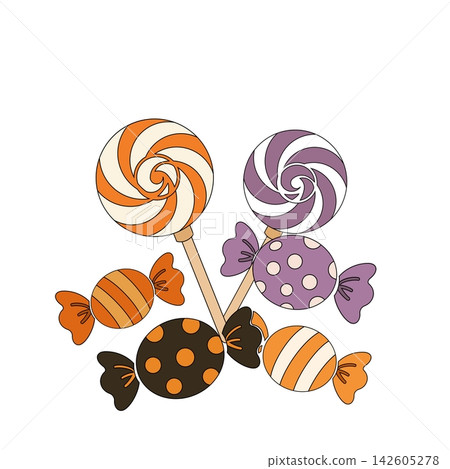 A set of color illustrations of lollipops and wrapped candies. 142605278