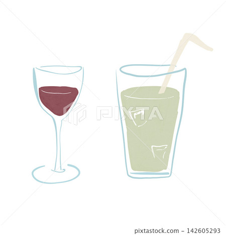 Minimal hand drawn wine glass and iced cocktail tumbler with straw on white background. 142605293
