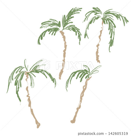 Hand drawn tropical palm tree collection with textured crayon strokes on white background. Hand drawn tropical palm tree collection with textured crayon strokes on white background. 142605319