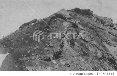 Old photograph, 1933, Kengamine peak at the summit of Mt. Fuji. Old photograph, 1933, Kengamine peak at the summit of Mt. Fuji. 142605341