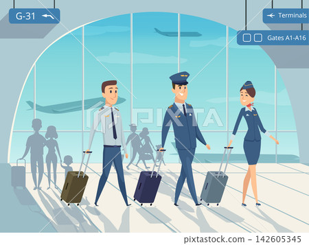 Pilots and stewardess walking with luggage in airport terminal vector illustration Pilots and stewardess walking with luggage in airport terminal vector illustration 142605345