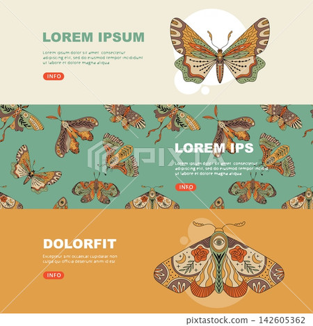 Boho folk art moth pattern banner templates set Boho folk art moth pattern banner templates set 142605362