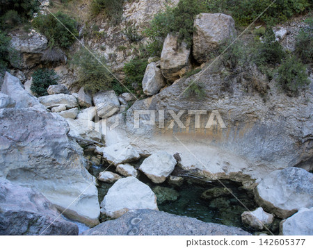 Emerald pool and white water polished boulders in the bed of the Rio Vero canyon Emerald pool and white water polished boulders in the bed of the Rio Vero canyon 142605377