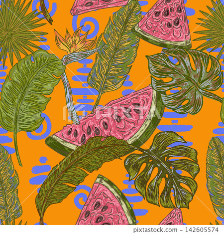 exotic tropical pattern with leaves, palm leaves exotic tropical pattern with leaves, palm leaves 142605574