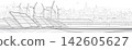 Panoramic line art illustration of a sustainable smart city with solar panels, wind turbines and high speed train. Modern urban skyline with renewable energy infrastructure, clean technology and green 142605627