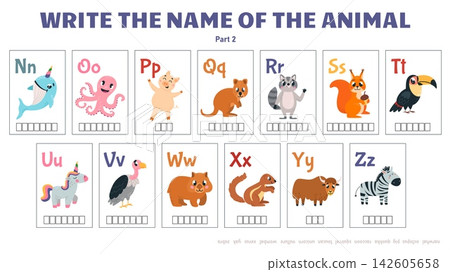 Write name of animal children words game cards. Set of cartoon animals, from n to z letters alphabet. Tell characters names, educational play template Write name of animal children words game cards. Set of cartoon animals, from n to z letters alphabet. Tell characters names, educational play template 142605658