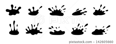 Water splashes elements. Isolated black splash, liquid breaks into drops. Paint, oil, butter, wine, drinks spilled. Decorative simple shapes, vector clipart Water splashes elements. Isolated black splash, liquid breaks into drops. Paint, oil, butter, wine, drinks spilled. Decorative simple shapes, vector clipart 142605660