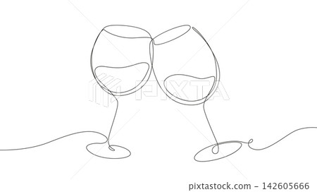 One line glass wine. Two glasses clink, simple line festive elements for drinks. Party, New year eve, birthday, Christmas, anniversary. Drinks or beverages kitchenware, vector scene One line glass wine. Two glasses clink, simple line festive elements for drinks. Party, New year eve, birthday, Christmas, anniversary. Drinks or beverages kitchenware, vector scene 142605666
