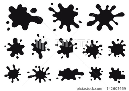 Liquid splashes, ink black blobs. Isolated flat oil splash with drops. Decorative basic elements for banners, flyers, posters. Simple different vector shapes Liquid splashes, ink black blobs. Isolated flat oil splash with drops. Decorative basic elements for banners, flyers, posters. Simple different vector shapes 142605669
