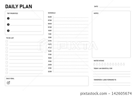 Daily planner template. To do list, schedule, notes, daily goal, top priorities. Plan for new day, horizontal design. Time management, helper for planning, vector design Daily planner template. To do list, schedule, notes, daily goal, top priorities. Plan for new day, horizontal design. Time management, helper for planning, vector design 142605674