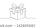 Black one line gift box. Present box with ribbon bow. Isolated simple lined element for invitation, birthday postcard, banners, vouchers, lottery, vector scene 142605683