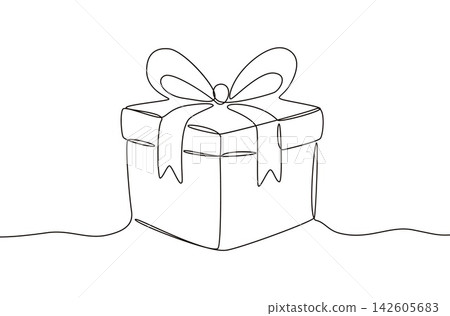 Black one line gift box. Present box with ribbon bow. Isolated simple lined element for invitation, birthday postcard, banners, vouchers, lottery, vector scene 142605683
